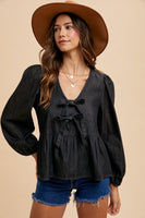 Annie Wear Tie Front Peplum Long Sleeve Denim Top