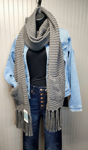 Oversized Two Pocket Tassel Scarf- Gray