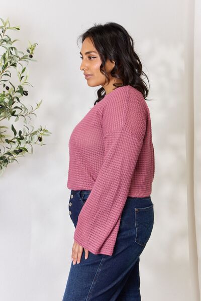 Culture Code Full Size Waffle-Knit Round Neck Long Sleeve Blouse