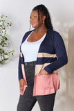 e.Luna Full Size Color Block Contrast Open Cardigan