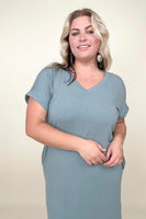 Zenana Rolled Short Sleeve V-Neck Tee Shirt Dress with Pockets