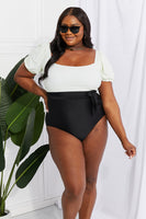 Marina West Swim Salty Air Puff Sleeve One-Piece in Cream/Black