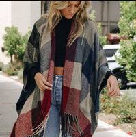 Check Ruana With Tassel Trim-Red/blue/green