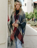 Check Ruana With Tassel Trim-Red/blue/green
