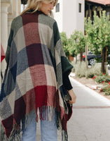 Check Ruana With Tassel Trim-Red/blue/green